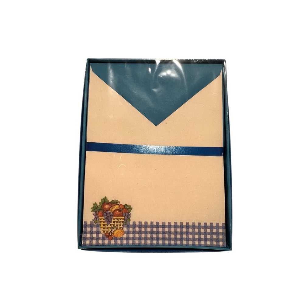 Vintage American Greetings Blue and Cream Fruit Basket Stationery Set NEW